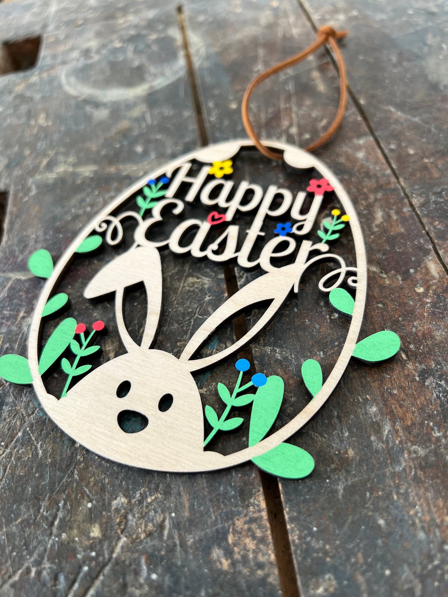 Osterei „Happy Easter“ zum hinhängen mit Schnur 12,5 cm / Ostern / Hase / Holz / Feiertag