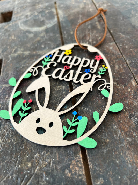 Osterei „Happy Easter“ zum hinhängen mit Schnur 12,5 cm / Ostern / Hase / Holz / Feiertag