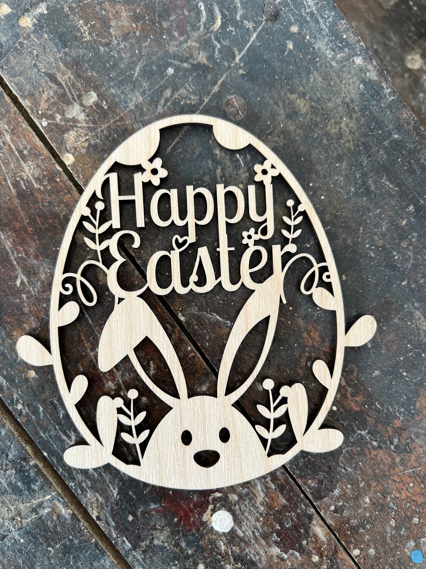 Osterei „Happy Easter“ zum hinhängen mit Schnur 12,5 cm / Ostern / Hase / Holz / Feiertag