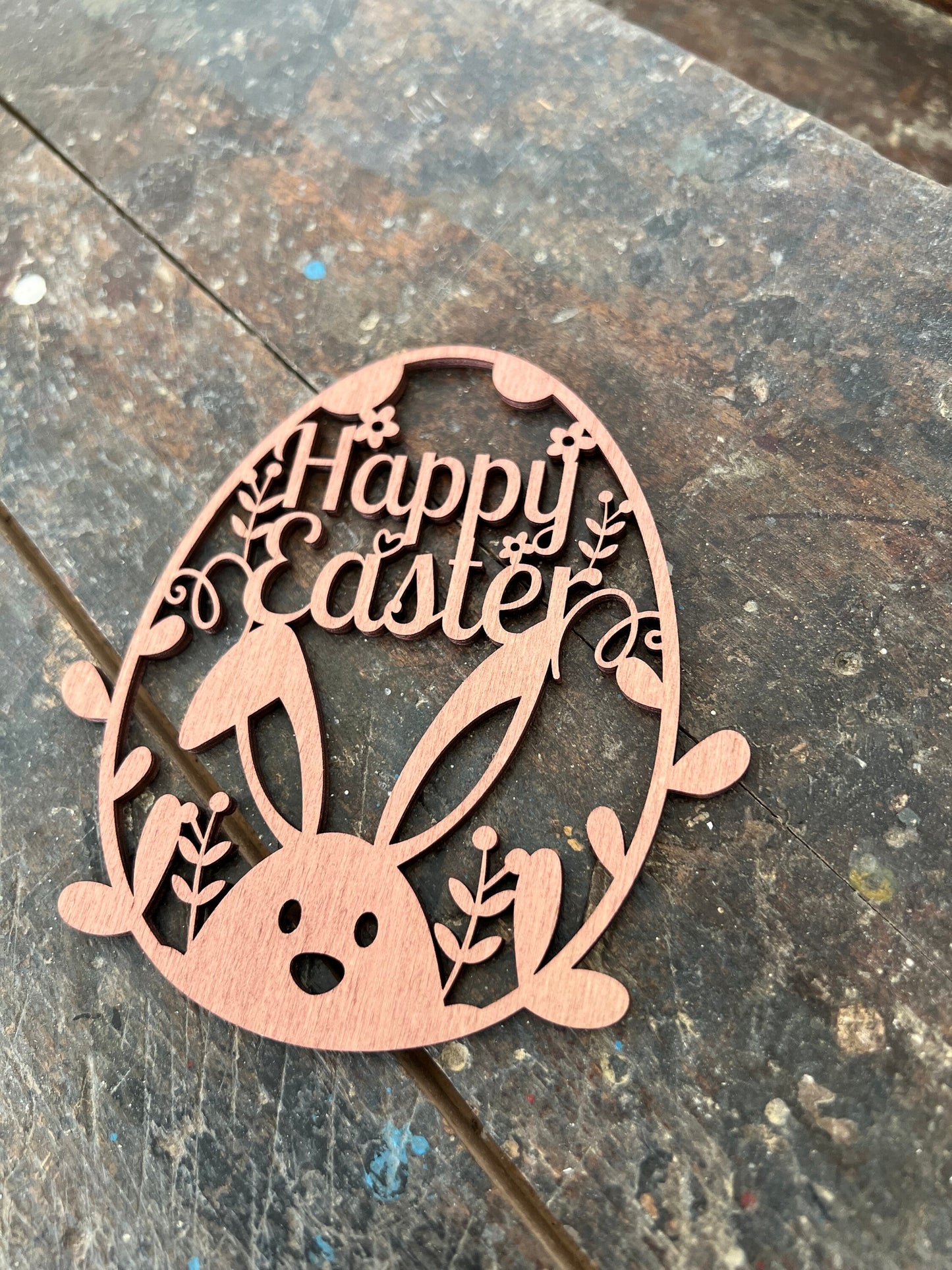 Osterei „Happy Easter“ zum hinhängen mit Schnur 12,5 cm / Ostern / Hase / Holz / Feiertag