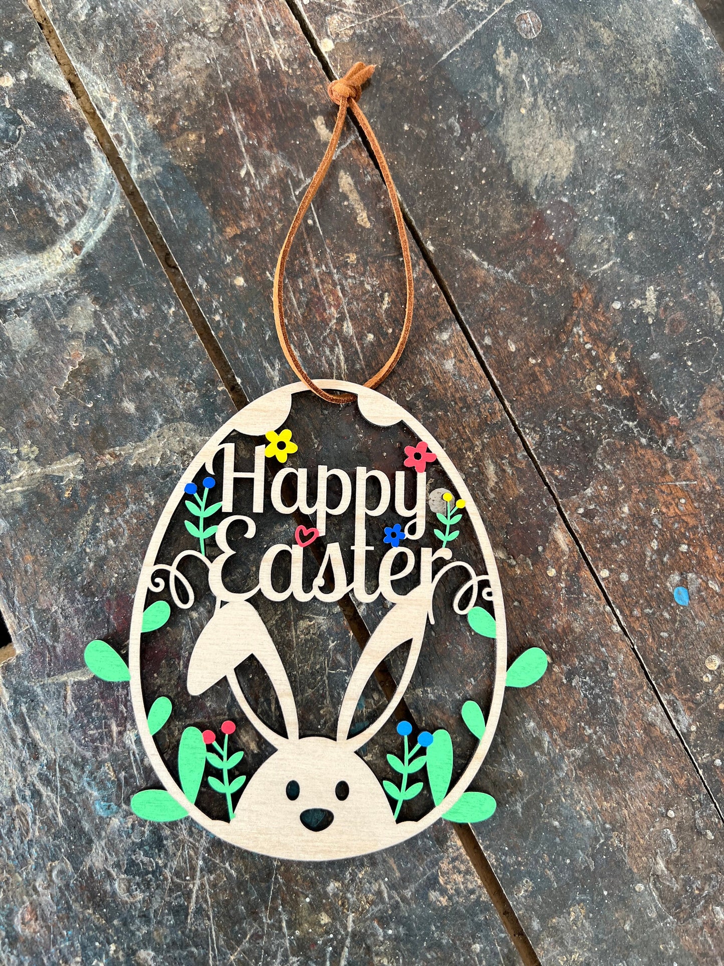 Osterei „Happy Easter“ zum hinhängen mit Schnur 12,5 cm / Ostern / Hase / Holz / Feiertag