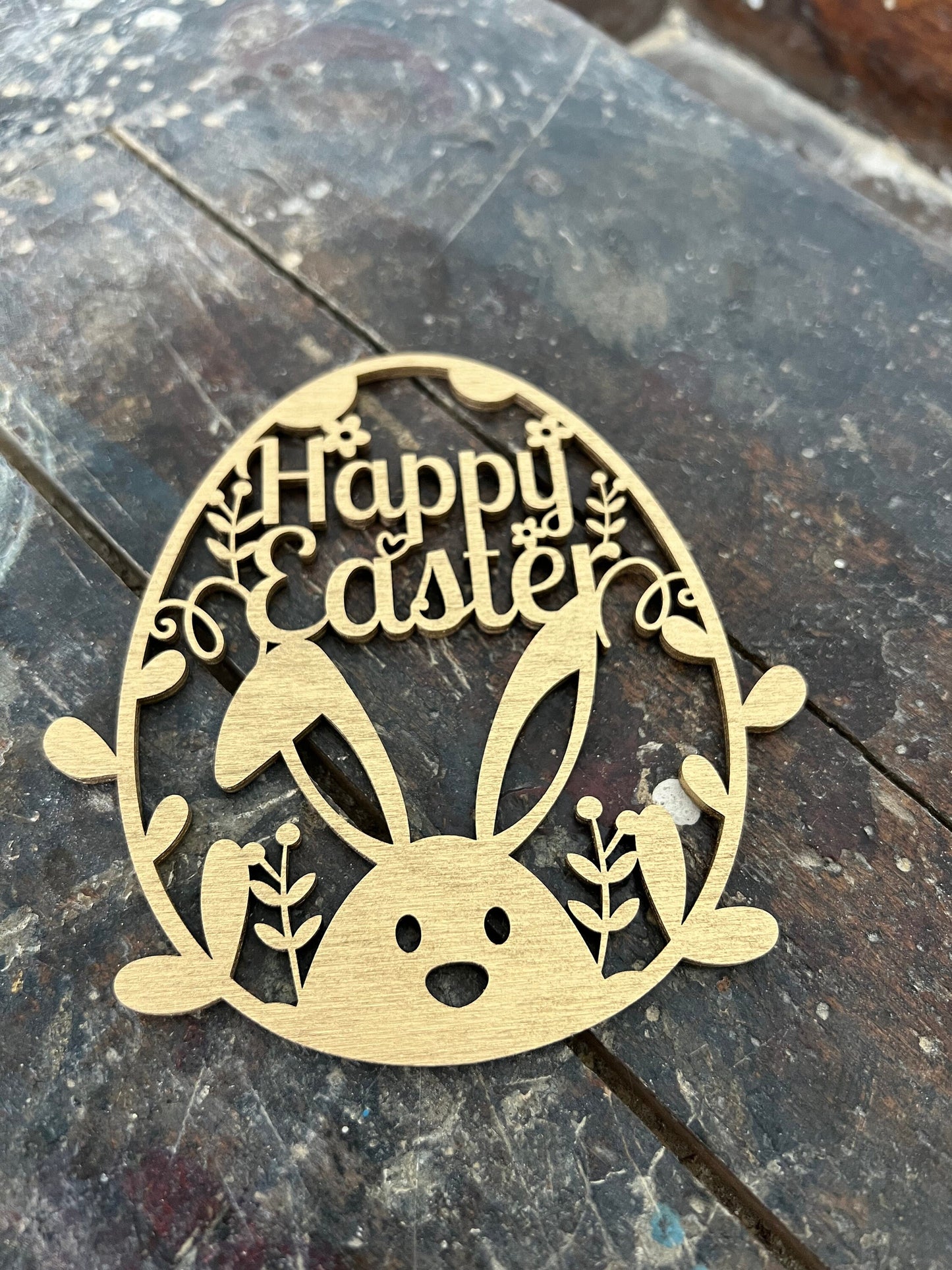 Osterei „Happy Easter“ zum hinhängen mit Schnur 12,5 cm / Ostern / Hase / Holz / Feiertag