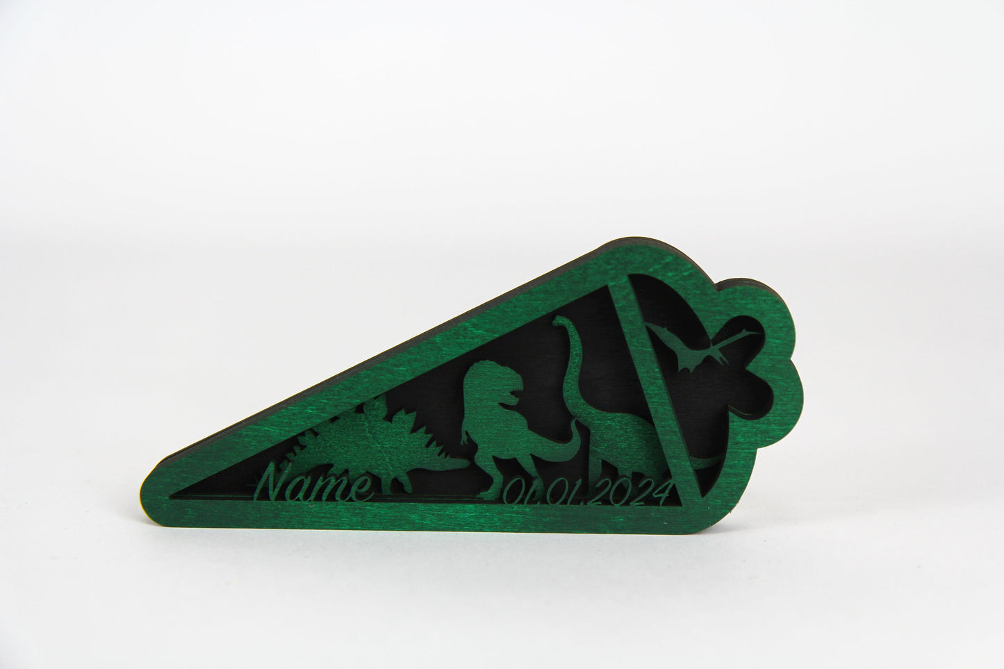 3D Zuckertüte mit Dinos und individuellen Daten aus Holz / Geschenk, Einschulung, Schulkind / in zwei Größen erhältlich 15 cm und 25 cm