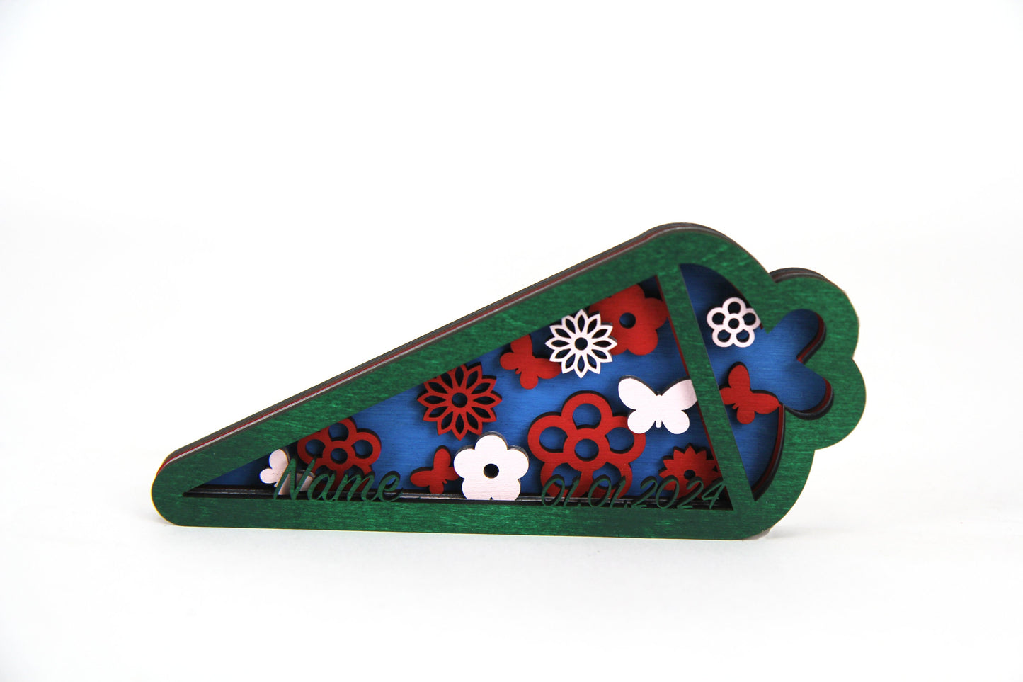 3D Zuckertüte mit Blumen und individuellen Daten aus Holz / Geschenk, Einschulung, Schulkind / in zwei Größen erhältlich 15 cm und 25 cm