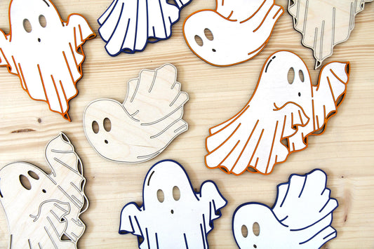 Geister Dekoration 3-Teiligels Set für Halloween aus Holz / Tisch oder Wand Deko / Mehrfarbig / ca 10 bis 15 cm groß