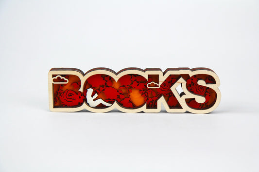 BOOKs 3D Schild mit Rosen im Hintergrund für Buchliebhaber / in verschiedenen Farben und Größen / Perfekte Dekoration für dein Bücherregal