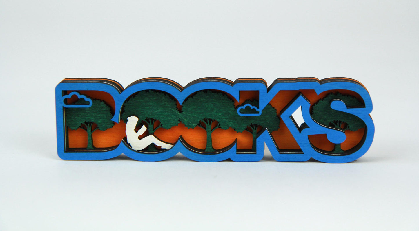 BOOks Schild mit einer Baumreihe und einer Leserin unter den Wolken für Buchliebhaber / Verschiedene Größen und Farben / Dekoration / 3D