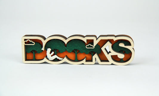 BOOks Schild mit einer Baumreihe und einer Leserin unter den Wolken für Buchliebhaber / Verschiedene Größen und Farben / Dekoration / 3D