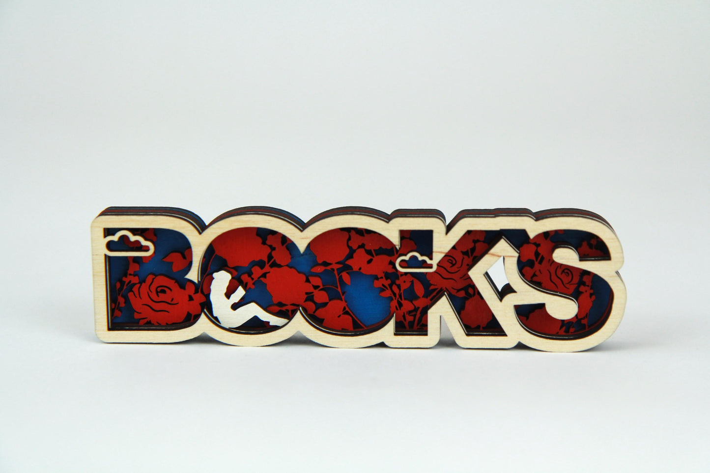 BOOKs 3D Schild mit Rosen im Hintergrund für Buchliebhaber / in verschiedenen Farben und Größen / Perfekte Dekoration für dein Bücherregal