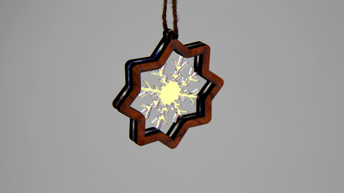 Baumschmuck für die Weihnachtszeit / 5er Set / Holz und Acryl / Ca. 6-7 cm groß / Schneeflocken / Tannenbaum / Zuckerstange