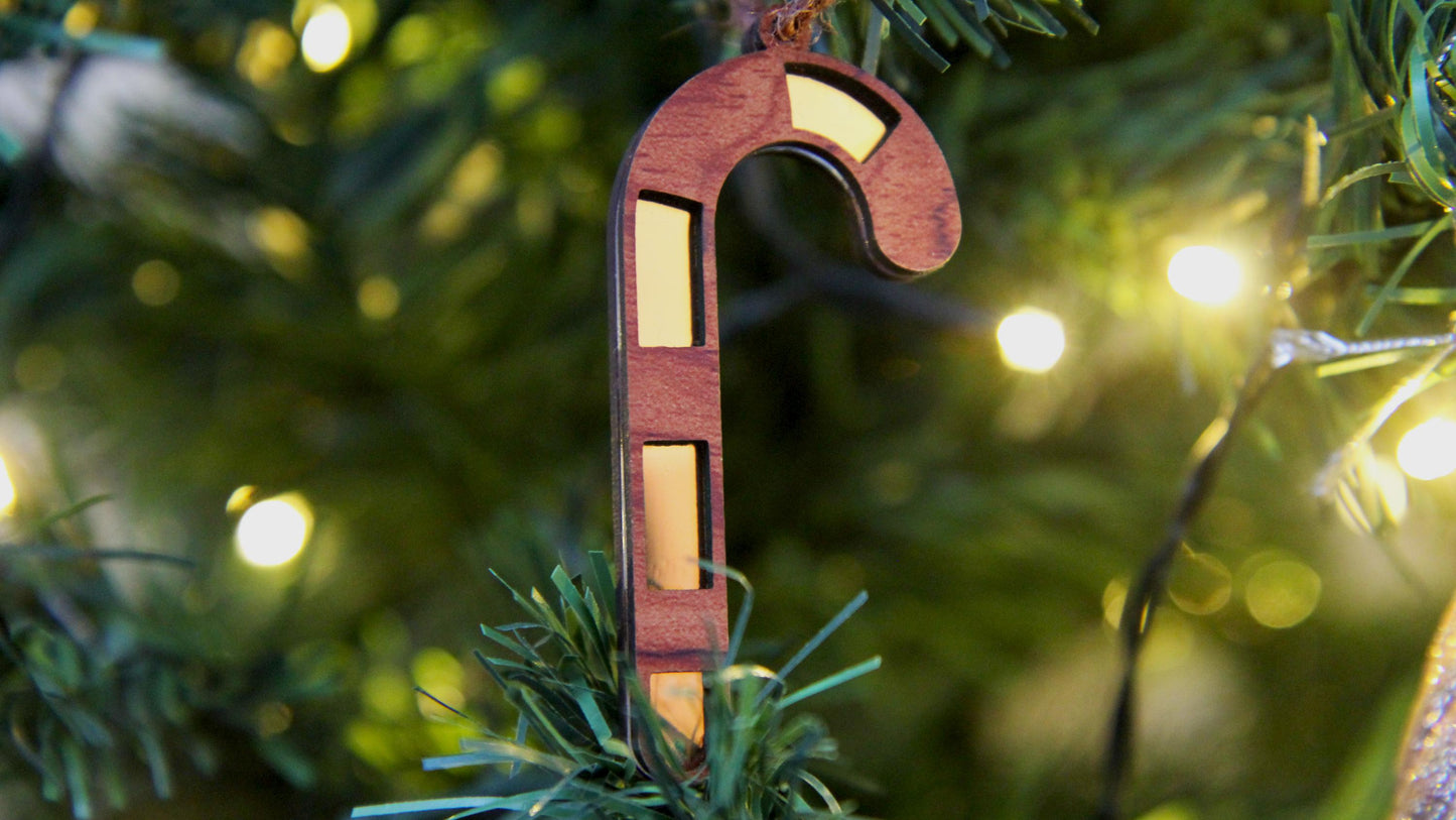 Baumschmuck für die Weihnachtszeit / 5er Set / Holz und Acryl / Ca. 6-7 cm groß / Schneeflocken / Tannenbaum / Zuckerstange