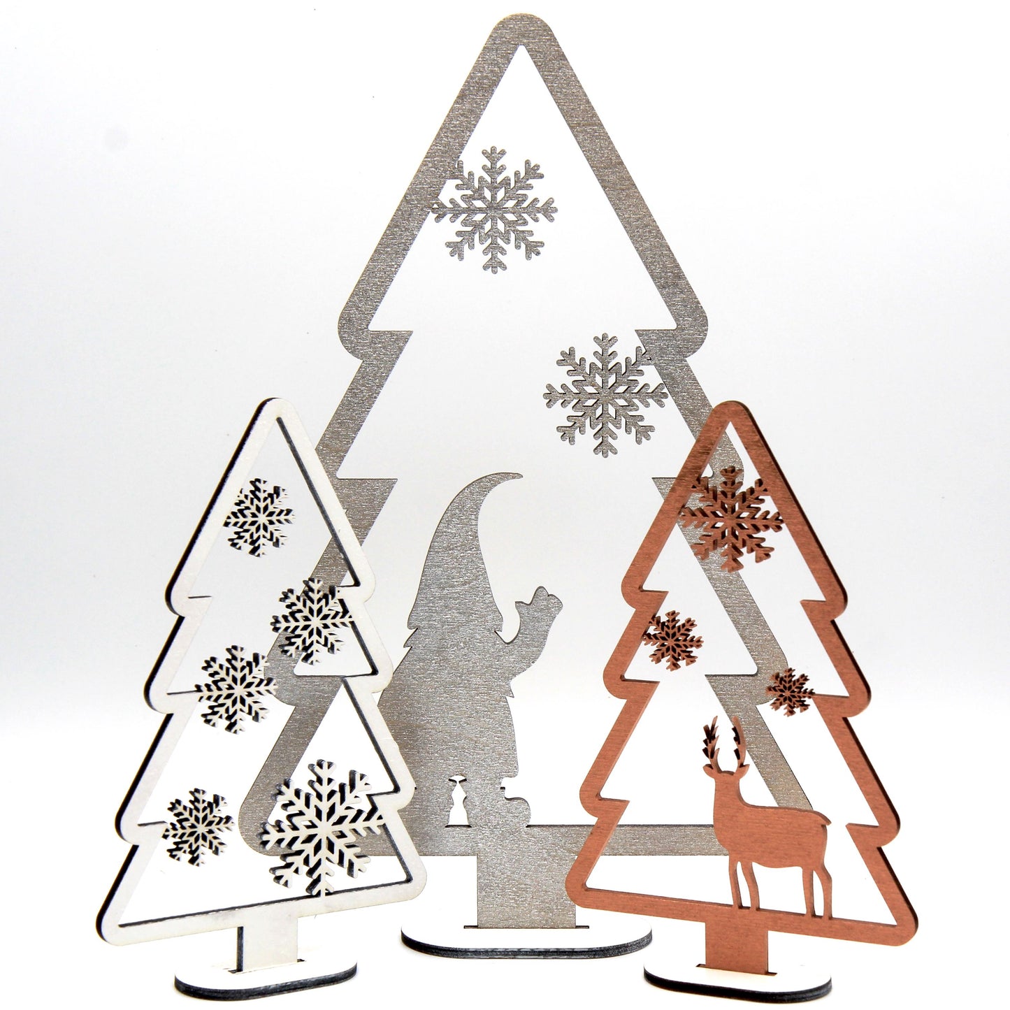 Tannenbaum Einzeln oder im 3er Set / Verschiedene Größen / Hirsch, Wichtel, Schneeflocken / Weihnachtsdekoration zum hinstellen