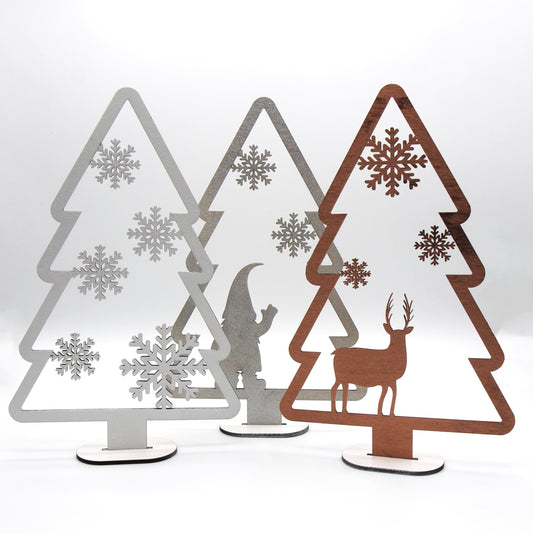 Tannenbaum Einzeln oder im 3er Set / Verschiedene Größen / Hirsch, Wichtel, Schneeflocken / Weihnachtsdekoration zum hinstellen